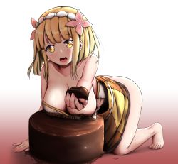 Rule 34 | 1girl, all fours, artist name, ass, barefoot, blonde hair, blush, breasts, butt crack, cake, chocolate, chocolate cake, chocolate on body, chocolate on breasts, endro!, fai fai, flower, food, food on body, full body, hair flower, hair ornament, hanging breasts, happy valentine, highres, large breasts, looking at viewer, open mouth, short hair, solo, torn clothes, yellow eyes, yincus