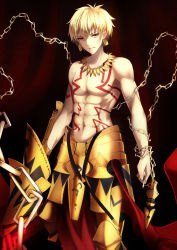 Rule 34 | 1boy, abs, armor, blonde hair, chain, ea (fate/stay night), earrings, enkidu (weapon) (fate), fate/stay night, fate (series), faulds, gilgamesh (fate), glowing, glowing weapon, gold armor, highres, jewelry, looking at viewer, male focus, navel, red eyes, shigure s, smirk, solo, tattoo, toned, toned male, topless male, weapon