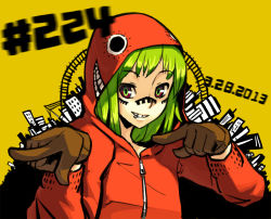 Rule 34 | 1girl, 2013, dated, facial tattoo, gloves, green eyes, green hair, grin, gumi, hood, hoodie, junkpuyo, lip piercing, matching hair/eyes, matryoshka (vocaloid), multicolored eyes, piercing, pointing, red eyes, short hair, simple background, smile, solo, tattoo, vocaloid, yellow background, zipper