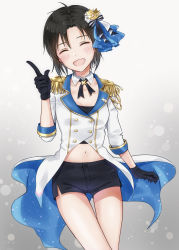 Rule 34 | :d, antenna hair, black gloves, black hair, black neckwear, black shorts, blush, breasts, cleavage, closed eyes, coat, collarbone, detached collar, gloves, gradient background, hair between eyes, hair ornament, hair ribbon, half gloves, highres, idolmaster, idolmaster (classic), idolmaster 2, kikuchi makoto, legs, light particles, long hair, mogskg, navel, open mouth, parted bangs, pointing, pointing up, ribbon, short hair, shorts, side slit, side slit shorts, small breasts, smile, solo, white coat