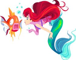 Rule 34 | 1girl, ariel (disney), blue eyes, bubble, creatures (company), crossover, disney, fish, full body, game freak, gen 1 pokemon, kuitsuku, lips, long hair, looking at another, magikarp, mermaid, monster girl, nintendo, open mouth, pointing, pointing at another, pokemon, pokemon (creature), red hair, shell, shell bikini, the little mermaid, transparent background