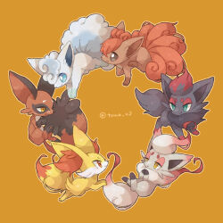 Rule 34 | alolan form, alolan vulpix, animal focus, bright pupils, closed mouth, commentary request, creatures (company), fennekin, from side, game freak, gen 1 pokemon, gen 5 pokemon, gen 6 pokemon, gen 7 pokemon, gen 8 pokemon, green eyes, highres, hisuian zorua, nickit, nintendo, no humans, orange background, outline, pokemon, pokemon (creature), smile, towa (clonea), vulpix, watermark, white pupils, yellow eyes, zorua