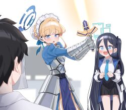 Rule 34 | 1boy, 2girls, absurdly long hair, absurdres, aris (blue archive), black hair, black hairband, black skirt, blue archive, blue eyes, blue necktie, blush, bun cover, collared shirt, fate (series), gauntlets, green halo, hair bun, hairband, halo, highres, holding, holding sword, holding weapon, jacket, long hair, long sleeves, multiple girls, necktie, one side up, open mouth, pleated skirt, saber (fate) (cosplay), sensei (blue archive), sgholln, shirt, short hair, single hair bun, skirt, smile, sword, toki (blue archive), very long hair, weapon, white jacket, white shirt
