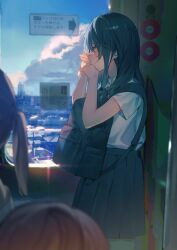 Rule 34 | 1other, 2girls, achiki, black hair, black skirt, blue eyes, blue sky, cityscape, closed mouth, cloud, collared shirt, commentary, cowboy shot, crying, crying with eyes open, day, highres, lens flare, long hair, multiple girls, original, pleated skirt, school uniform, shirt, short hair, short sleeves, sidelocks, skirt, sky, solo focus, standing, tears, train interior, white shirt, window