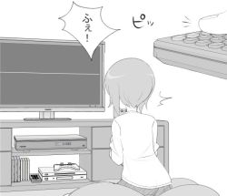 Rule 34 | 10s, 1girl, controller, game console, game controller, girls und panzer, greyscale, henyaan (oreizm), monochrome, nishizumi miho, remote control, television, translation request, watching television