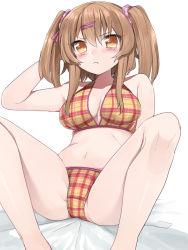 Rule 34 | 1girl, breasts, brown hair, cleavage, collarbone, erubo, hair ornament, hairclip, hairpin, long hair, navel, original, plaid, sitting, solo, spread legs, twintails, two side up, white background, yellow eyes