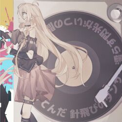 Rule 34 | 1girl, 1other, asymmetrical legwear, bare shoulders, black collar, black shirt, black socks, blue eyes, collar, commentary request, dancing, detached sleeves, floating hair, from side, glitch, grey hair, hair between eyes, hair over shoulder, highres, holding hands, ia (vocaloid), interlocked fingers, kneehighs, layered sleeves, long hair, long sleeves, looking at another, lyrics, nounai disco (vocaloid), off-shoulder shirt, off shoulder, out of frame, phonograph, pink skirt, pleated skirt, profile, record, shirt, short over long sleeves, short sleeves, single kneehigh, single sock, skirt, slpb zz, socks, solo focus, splatter background, thigh strap, turntable, uneven legwear, very long hair, vocaloid