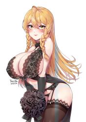 Rule 34 | 1girl, ahoge, bad id, bad pixiv id, bare shoulders, black gloves, black panties, black thighhighs, blonde hair, blush, bouquet, bra, braid, breasts, cleavage, commentary request, elbow gloves, flower, garter belt, garter straps, gloves, highres, lace, large breasts, lingerie, lips, long hair, looking at viewer, negligee, nightgown, original, panties, revision, simple background, solo, tacco (tikeworld), thighhighs, thighs, twin braids, underwear, white background, yellow eyes