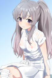 Rule 34 | 1girl, arm support, blue background, blush, breasts, closed mouth, collared dress, commentary request, covered erect nipples, dress, gradient background, grey hair, highres, idolmaster, idolmaster shiny colors, long hair, looking at viewer, medium breasts, nipples, no bra, purple eyes, see-through, shirt, sincos, sitting, solo, twintails, very long hair, wet, wet clothes, wet hair, wet shirt, white dress, yukoku kiriko