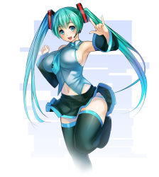 Rule 34 | 1girl, alternate breast size, aqua eyes, aqua hair, breasts, detached sleeves, hatsune miku, headset, km (nijie104352), large breasts, long hair, m/, navel, necktie, open mouth, panties, pantyshot, sideboob, skirt, solo, striped clothes, striped panties, thighhighs, twintails, underwear, upskirt, very long hair, vocaloid