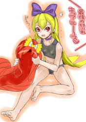 Rule 34 | 1girl, alternate costume, bare legs, bare shoulders, barefoot, blonde hair, choker, cosplay, cure ace, cure ace (cosplay), dokidoki! precure, highres, long hair, open mouth, outstretched leg, precure, purple ribbon, red eyes, red hair, regina (dokidoki! precure), ribbon, sitting, solo, sports bra, underwear, underwear only, wig, yamashita kurowo