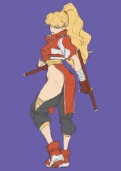 Rule 34 | 1girl, black pants, blonde hair, brown eyes, capcom, capcom vs snk 2, final fight, final fight 2, genryuusai maki, gloves, highres, holding, holding weapon, image sample, jacket, juaag acgy, long hair, looking at viewer, ninja, pants, ponytail, purple background, red footwear, red gloves, red jacket, redesign, shoes, simple background, sketch, sneakers, solo, street fighter, street fighter zero (series), tomboy, tonfa, weapon