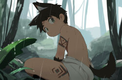 Rule 34 | 1boy, acnhiti, arm tattoo, brown hair, child, closed mouth, commentary, day, facial mark, green eyes, kemonomimi mode, leaf, male focus, original, rain, sitting, solo, symbol-only commentary, tail, tattoo, tree, tribal, wolf boy, wolf tail