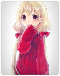 Rule 34 | 1girl, aran sweater, blonde hair, blush, bow, brown eyes, cable knit, comeco, futaba anzu, hair bow, idolmaster, idolmaster cinderella girls, long hair, looking at viewer, low twintails, parted lips, red bow, red sweater, sleeves past fingers, sleeves past wrists, solo, sweater, twintails, upper body