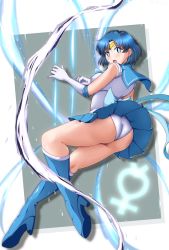 Rule 34 | 1girl, ass, bare shoulders, bishoujo senshi sailor moon, blue eyes, blue hair, blush, boots, breasts, circlet, from behind, gloves, harp, high heel boots, high heels, highres, instrument, leotard, looking at viewer, m.i.y, mizuno ami, open mouth, sailor mercury, shiny clothes, shiny skin, short hair, sideboob, skirt, solo, thick thighs, thighs, water