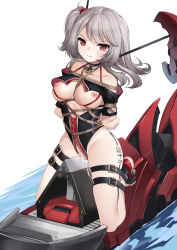 Rule 34 | 1girl, absurdres, arms behind back, azur lane, bare shoulders, bdsm, black choker, black swimsuit, bondage, bound, breasts, character name, choker, cleft of venus, full body, grey hair, guangmi, highres, iron cross, long hair, looking at viewer, mechanical animal, medium breasts, nipples, one-piece swimsuit, pussy juice, red eyes, restrained, rope, shibari, shibari over clothes, simple background, swimsuit, thigh strap, tied up, u-410 (azur lane), water, white background, wooden horse