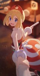 Rule 34 | 1boy, 1girl, :d, absurdres, blonde hair, blue eyes, blurry, blurry background, blush, bracelet, commentary request, creatures (company), flute, game freak, hair between eyes, hairband, happy, highres, holding, holding another&#039;s wrist, holding instrument, instrument, irida (pokemon), jewelry, leg up, lower teeth only, nintendo, odd (hin yari), open mouth, outdoors, pokemon, pokemon legends: arceus, pov, sash, shirt, shoes, short hair, smile, teeth, tongue, waist cape