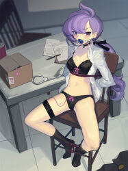 Rule 34 | 1girl, anabel (pokemon), arms behind back, ball gag, bdsm, black bra, black choker, black panties, black socks, blush, bondage, bound, bow, bow bra, bow panties, box, bra, breasts, cad (caddo), cardboard box, chair, choker, commentary request, creatures (company), cuffs, gag, gagged, game freak, handcuffs, highres, long hair, looking at viewer, low-tied long hair, medium breasts, navel, nintendo, open clothes, open shirt, panties, pokemon, pokemon sm, purple eyes, purple hair, sex toy, shirt, sitting, socks, solo, stomach, thigh strap, thighs, tied to chair, underwear, very long hair, vibrator, white shirt