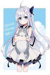 Rule 34 | 1girl, absurdres, ahoge, animal, animal hug, black sailor collar, blue eyes, blue sky, butterfly hair ornament, cat, closed mouth, cloud, commentary request, copyright name, cropped legs, dress, ginka, grey hair, hair intakes, hair ornament, highres, meito (maze), one side up, pleated dress, sailor collar, sailor dress, shinomiya ginka, sky, sleeveless, sleeveless dress, smile, solo, white background, white dress