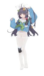 Rule 34 | 1girl, ahoge, animal ears, arms up, belt, black hair, blue archive, blue shirt, bright pupils, bs0, buckle, cum, cum in pussy, cumdrip, fake animal ears, female focus, full body, green neckerchief, hair intakes, hairband, highres, kneehighs, leaf, leaf on head, long hair, looking at viewer, miyu (blue archive), neckerchief, no shoes, open mouth, pantyhose, pouch, raised eyebrows, red eyes, sailor collar, shirt, simple background, single kneehigh, single sock, sleeves past wrists, snap-fit buckle, socks, solo, tearing up, teeth, thighband pantyhose, torn clothes, torn legwear, white background, white pantyhose, white pupils