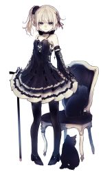 Rule 34 | 1girl, animal, bare shoulders, black bra, black cat, black dress, black footwear, black pantyhose, blonde hair, blue eyes, bra, breasts, cane, cat, chair, choker, closed mouth, collarbone, cross, detached sleeves, dress, eyebrows, female focus, full body, hair ribbon, high heels, highres, holding, legs apart, looking at viewer, original, pantyhose, red ribbon, ribbon, riuichi, shoes, short hair, side ponytail, simple background, sleeveless, sleeveless dress, sleeves past wrists, small breasts, solo, standing, underwear, white background, wide sleeves
