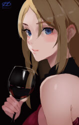 Rule 34 | 1girl, alcohol, alternate costume, black background, blonde hair, blue eyes, breasts, closed mouth, cup, dress, drinking glass, haruto (harut n), holding, holding cup, kantai collection, long hair, medium breasts, nelson (kancolle), one-hour drawing challenge, red dress, simple background, solo, twitter username, upper body, wine, wine glass