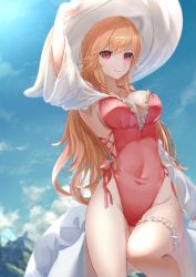 Rule 34 | 1girl, absurdres, arm up, armpits, azur lane, bare hips, blue sky, breasts, casual one-piece swimsuit, cleavage, closed mouth, covered navel, cross-laced clothes, cross-laced one-piece swimsuit, day, gluteal fold, groin, hand on headwear, hat, highleg, highleg swimsuit, highres, hitsuji (sheepsb22), large breasts, leg up, long hair, long sleeves, looking at viewer, one-piece swimsuit, orange hair, outdoors, pink eyes, pink one-piece swimsuit, pink ribbon, ribbon, richelieu (azur lane), richelieu (fleuron of the waves) (azur lane), side-tie swimsuit, sky, smile, solo, standing, standing on one leg, sun hat, sunlight, swimsuit, thigh strap, very long hair, wide sleeves