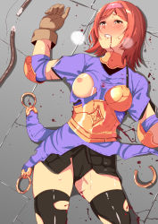 Rule 34 | 1girl, archer (ragnarok online), black panties, blood, blood from mouth, blouse, blush, bow (weapon), breasts, broken bow, brown eyes, brown gloves, commentary request, cowboy shot, crack, cracked floor, cuts, defeat, elbow pads, elbow sleeve, gloves, highres, injury, looking to the side, lying, medium breasts, muneate, nipples, on back, on floor, one breast out, orange hair, panties, parted bangs, purple shirt, ragnarok online, shirt, short hair, short sleeves, solo, textless version, thighhighs, tile floor, tiles, tirasi (so), torn clothes, torn shirt, torn thighhighs, underwear, weapon