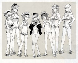 Rule 34 | 6+girls, :d, ahoge, alternate costume, bikini, bismarck (kancolle), blush, book, bow, breasts, clothes writing, flat chest, flower, garrison cap, glasses, graf zeppelin (kancolle), greyscale, gufu (guffuumu), hair between eyes, hair bow, hair flower, hair ornament, halterneck, hand on own hip, hand on own stomach, hat, hat bow, holding, holding book, i-8 (kancolle), jacket, kantai collection, large breasts, long hair, low ponytail, low twintails, medium breasts, monochrome, multiple girls, navel, no headwear, one-piece swimsuit, open mouth, peaked cap, prinz eugen (kancolle), remodel (kantai collection), ribs, ro-500 (kancolle), sailor hat, sandals, school swimsuit, short hair, sidelocks, small breasts, smile, string bikini, swimsuit, swimsuit under clothes, thighhighs, twintails, u-511 (kancolle), z1 leberecht maass (kancolle), z3 max schultz (kancolle)