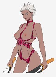Rule 34 | 1girl, archer (fate), bare arms, bare shoulders, breasts, breasts out, choker, cowboy shot, cropped legs, dark skin, dark-skinned female, dual wielding, fate/stay night, fate (series), genderswap, genderswap (mtf), gluteal fold, grey background, hair slicked back, holding, holding sword, holding weapon, kanshou &amp; bakuya (fate), large breasts, looking away, navel, nipples, parted lips, pink lips, revealing clothes, short hair, simple background, solo, standing, sword, tenobe, weapon, white hair, yellow eyes