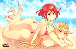 Rule 34 | 2girls, ass, bikini, blonde hair, breasts, highres, large breasts, long hair, multiple girls, mythra (xenoblade), outdoors, pyra (xenoblade), red bikini, red eyes, red hair, rtil, swimsuit, thighs, thong bikini, very long hair, xenoblade chronicles (series), xenoblade chronicles 2, yellow eyes
