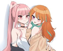 Rule 34 | 2girls, :p, alternate costume, couple, earrings, face-to-face, feather earrings, feathers, gradient hair, hair down, hand on another&#039;s back, highres, hololive, hololive english, hug, jewelry, mori calliope, multicolored hair, multiple girls, pink hair, shunnukiki, sweater, takanashi kiara, tank top, tongue, tongue out, virtual youtuber, yuri