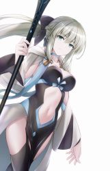 Rule 34 | 1girl, blue eyes, breasts, choker, clothing cutout, fate/grand order, fate (series), garter straps, highres, long hair, medium breasts, morgan le fay (fate), navel, platinum blonde hair, ponytail, staff, stomach cutout, tohoho (hoshinoyami), white background, wide sleeves