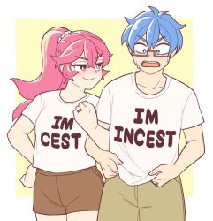 Rule 34 | 1boy, 1girl, blue eyes, blue hair, blush, breasts, brother and sister, brown footwear, brown shorts, commentary, english commentary, glasses, hair ornament, hair scrunchie, highres, incest, locked arms, long hair, medium breasts, open mouth, original, pink eyes, pink hair, ponytail, rida (vibrantrida), scrunchie, semi-rimless eyewear, short shorts, shorts, siblings, sweat, under-rim eyewear, vibrantrida