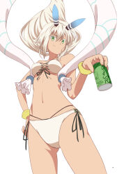 Rule 34 | 1girl, bikini, blonde hair, can, drink can, green eyes, kageyasu, looking at viewer, simple background, soda can, solo, swimsuit, white background, xenoblade chronicles (series), xenoblade chronicles 2, zenobia (xenoblade)