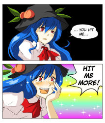 Rule 34 | 1girl, 2koma, blue hair, blush, comic, female focus, food, fruit, goldregen, hard-translated, hat, hinanawi tenshi, long hair, masochism, non-web source, peach, red eyes, smile, sparkle, tears, third-party edit, touhou, translated, wince