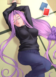 Rule 34 | 00s, 1girl, book, casual, closed eyes, fate/stay night, fate (series), lips, long hair, low-tied long hair, lying, medusa (fate), medusa (rider) (fate), official alternate costume, on back, parted lips, sleeping, solo, tatami, turtleneck, very long hair, zen