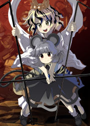 Rule 34 | 2girls, animal ears, blonde hair, dowsing rod, female focus, grey hair, hair ornament, highres, jewelry, mouse (animal), mouse ears, mouse tail, multiple girls, nazrin, parody, pendant, red eyes, shawl, short hair, style parody, syope, tail, toramaru shou, touhou, yellow eyes
