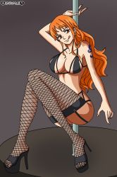 Rule 34 | 1girl, breasts, brown eyes, cleavage, darkuro 27, female focus, fishnet thighhighs, fishnets, garter straps, high heels, large breasts, licking lips, lingerie, long hair, nami (one piece), one piece, orange hair, pole, pole dancing, solo, stripper pole, tattoo, thighhighs, tongue, tongue out, underwear