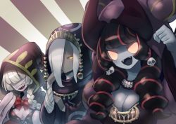 Rule 34 | 3girls, :d, absurdres, bandages, bandages, bandages over eyes, black hair, bow, bowtie, breasts, colored skin, covered eyes, dress, drill hair, fangs, grey skin, hair over one eye, hand up, hat, highres, hood, hood up, hooded robe, kuda (okame nin), large breasts, looking at viewer, multicolored hair, multiple girls, no mouth, no pupils, okame nin, one eye covered, open mouth, original, purple skin, red hair, red neckwear, robe, sharp teeth, smile, streaked hair, striped, striped background, teeth, tentacles, twin drills, upper teeth only, white hair, yellow eyes