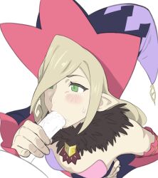 Rule 34 | 1boy, 1girl, absurdres, blonde hair, fellatio, green eyes, hat, hetero, highres, magilou (tales), oral, penis, pointy ears, simple background, tales of (series), tales of berseria, tobias leviathan, white background, witch hat
