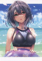 Rule 34 | 1girl, absurdres, bare shoulders, bikini, black hair, blue sky, blush, breasts, chigami hikage, cloud, cloudy sky, collarbone, day, fingernails, green eyes, hanikami kanojo, head tilt, highres, holding, innertube, looking at viewer, medium breasts, ocean, open mouth, outdoors, petals, piromizu, scan, shiny clothes, short hair, simple background, sky, solo, swim ring, swimsuit, upper body, water drop, wet