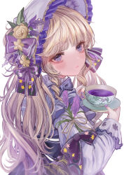 Rule 34 | 1girl, black bow, black bowtie, blunt bangs, blush, bonnet, bow, bowtie, brown hair, closed mouth, cup, dot nose, drink, flower, from side, hat, hat flower, highres, holding, holding drink, komorihikki, lavender (flower), lips, lolita fashion, long bangs, long hair, long sleeves, looking at viewer, nail polish, original, purple bow, purple eyes, purple hat, purple nails, saucer, shirt, sidelocks, simple background, solo, teacup, twintails, upper body, white background, white shirt