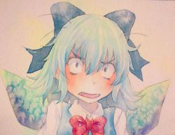 Rule 34 | 1girl, acrylic paint (medium), blue eyes, blue hair, bow, cirno, constricted pupils, fang, graphite (medium), hair bow, ice, ice wings, matching hair/eyes, painting (medium), portrait, solo, touhou, traditional media, upper body, watercolor (medium), wings, yuyu (00365676)