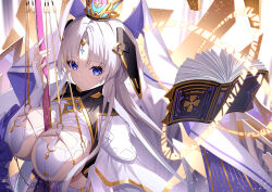 Rule 34 | 1girl, blue eyes, book, breasts, cape, cleavage, dress, echocalypse, floating, highres, holding, jewelry, large breasts, levia (echocalypse), long hair, magic, magic circle, merlin (fate/prototype), mixyuto, solo, throne, upper body, white hair