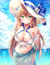 Rule 34 | 1girl, bad id, bad twitter id, bare shoulders, bikini, blue ribbon, blue sky, blush, breasts, brown hair, caustics, cleavage, closed mouth, cloud, cloudy sky, collarbone, commentary request, criss-cross halter, day, front-tie top, girls&#039; frontline, green eyes, halterneck, hand up, hat, hat ribbon, hinaki (hinaki 0102), large breasts, long hair, looking at viewer, navel, o-ring, o-ring bikini, o-ring top, off shoulder, official alternate costume, outdoors, ribbon, sarong, shirt, sky, smile, solo, springfield (girls&#039; frontline), standing, stomach, sun hat, sunlight, swimsuit, thighs, very long hair, water, white bikini, white hat, white shirt