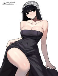Rule 34 | 1girl, artist logo, bare shoulders, black dress, black eyes, black hair, black nails, breasts, cleavage, closed mouth, collarbone, commentary, covered navel, donburi (donburikazoku), dress, fanbox username, highres, large breasts, looking at viewer, nail polish, osaragi (sakamoto days), patreon username, sakamoto days, simple background, solo, strapless, strapless dress, thighs, watermark, web address, white veil