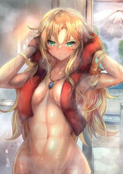 Rule 34 | 1girl, abs, bath, blonde hair, blush, breasts, closed mouth, collarbone, completely nude, fate/apocrypha, fate (series), green eyes, hands in hair, highres, jewelry, long hair, looking at viewer, mordred (fate), mordred (fate/apocrypha), navel, necklace, nude, ohako (ohako1818), parted bangs, small breasts, smile, solo, steam, toned, towel, towel around neck, wet