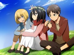 Rule 34 | 1girl, 2boys, :d, aged down, arm up, armin arlert, black eyes, black footwear, black hair, blonde hair, blue jacket, blue sky, brown pants, casual, cloud, collarbone, collared shirt, day, dress, eren yeager, flats, flower, flower wreath, grass, green eyes, hair between eyes, head wreath, holding, holding flower, indian style, jacket, knees up, long sleeves, looking up, mikasa ackerman, multiple boys, no socks, on grass, open mouth, outdoors, pants, pink jacket, red jacket, red scarf, rumia (compacthuman), scarf, shingeki no kyojin, shirt, shoes, short hair, sitting, sky, smile, sweatdrop, white dress, white shirt, wing collar