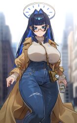 Rule 34 | 1girl, absurdres, black hair, blue hair, blunt bangs, blush, breasts, casual, contemporary, denim, glasses, hair intakes, high-waist pants, highres, hime cut, hololive, hololive english, jeans, large breasts, long hair, long sleeves, official alternate costume, official alternate hair length, official alternate hairstyle, ouro kronii, ouro kronii (casual), pants, shirt, sidelocks, solo, stoll (tmxhf), thick thighs, thighs, virtual youtuber, white shirt